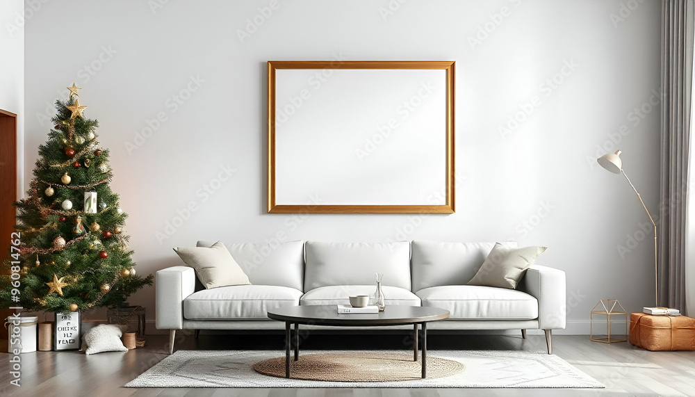 Fototapeta premium In the living room, there's a white sofa in front of a Christmas tree and an empty white frame hanging on the wall.