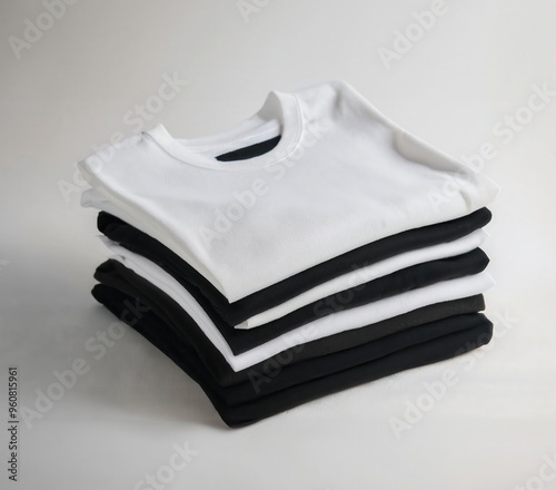 Stack of Black and White T-Shirts Folded Neatly on a White Surface photo