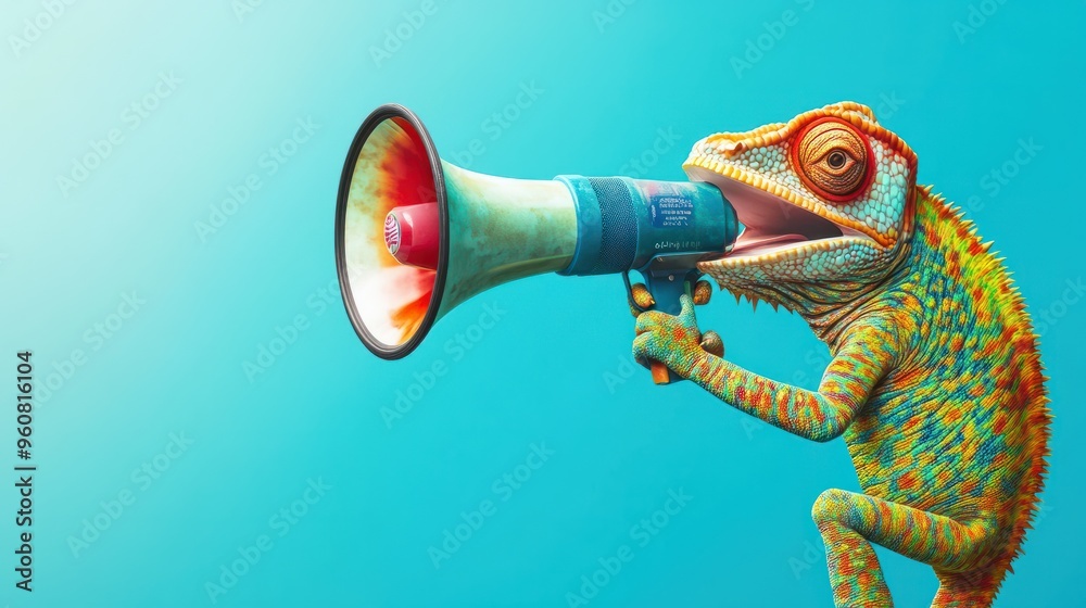 Fototapeta premium Chameleon holding. megaphone. Promotion, action, holiday, ad, job questions. Vacancy. Business discount concept, communication, information, news, team media