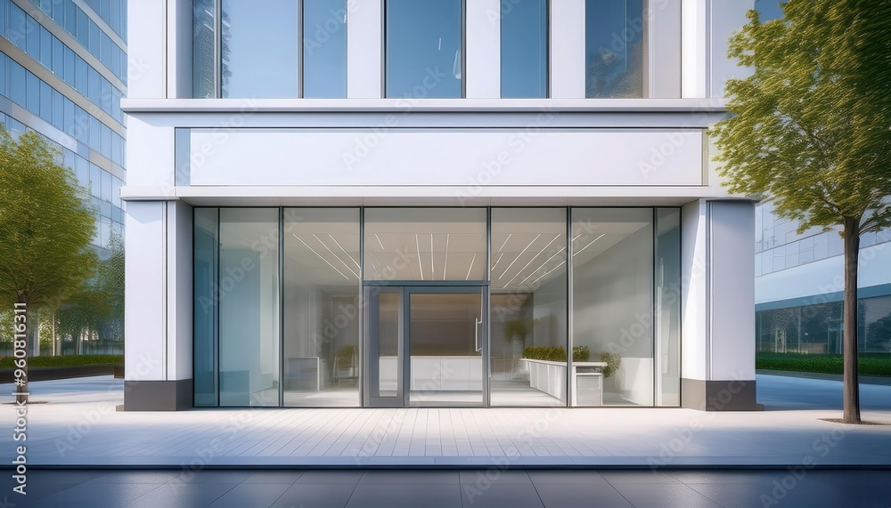 Modern Office Building with Large Glass Panels and White Exterior Modern Office Building with Large Glass Panels and White Exterior