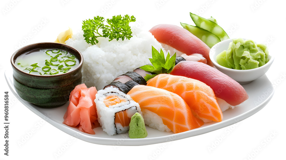 A Sushi Lover's Dream: Vibrant Selection of Fresh Nigiri and Maki on a Pristine White Plate A Sushi Lover's Dream: Vibrant Selection of Fresh Nigiri and Maki on a Pristine White Plate