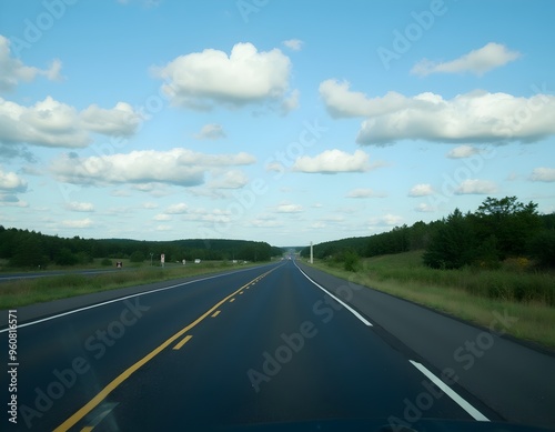 Scenic straight asphalt road running alongside majestic and verdant meadows, set against a backdrop of expansive sky clouds