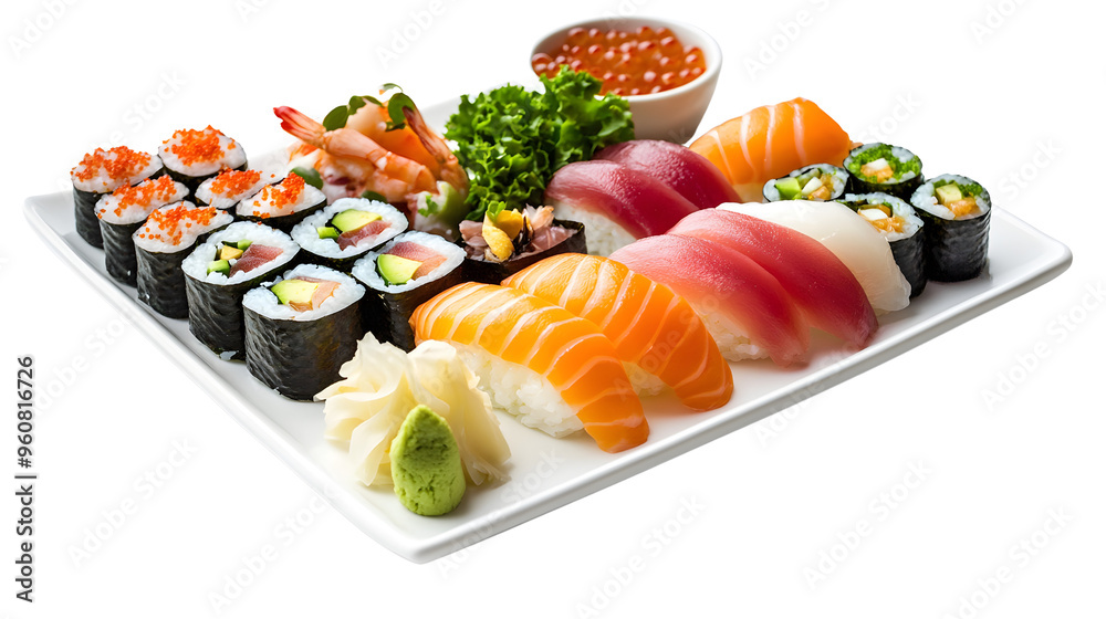 Sushi Platter: A Feast for the Eyes: A stunningly arranged sushi platter, featuring a variety of nigiri, maki, and sashimi, is a visual and culinary delight. This image is perfect for showcasing the a Sushi Platter: A Feast for the Eyes: A stunningly arranged sushi platter, featuring a variety of nigiri, maki, and sashimi, is a visual and culinary delight. This image is perfect for showcasing the a