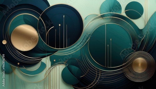 Abstract Circles and Golden Lines on a Deep Green Background photo