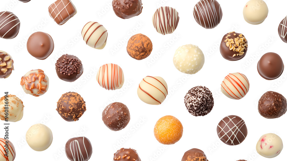 A Symphony of Chocolate: Assorted gourmet chocolate truffles on a clean white background, a delectable treat for design projects and culinary inspiration. A Symphony of Chocolate: Assorted gourmet chocolate truffles on a clean white background, a delectable treat for design projects and culinary inspiration.
