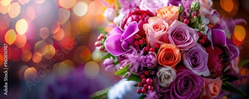 Wedding bouquet with vibrant flowers, elegant and festive, Botanical, Bright hues, Photograph, Celebration detail