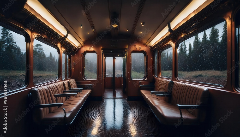 Interior of an Empty Modern Subway Train at Dusk with Large Windows