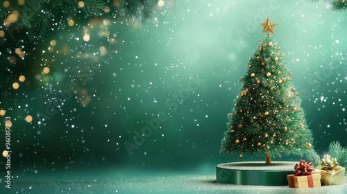 Christmas tree with green background, glitter, Gold shimmer,Merry christmas day vector background design,hristmas showcase backgrounds with 3d podium,snowdrift.banner Vector illustration,copy space. photo