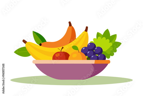 Fresh Fruit Bowl with Bananas, Oranges, and Grapes on Minimalist Background – Vibrant and Healthy Design photo