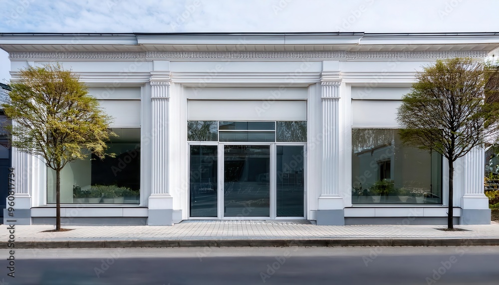 Classic Building with White Columns and Symmetrical Architecture in Urban Setting Classic Building with White Columns and Symmetrical Architecture in Urban Setting