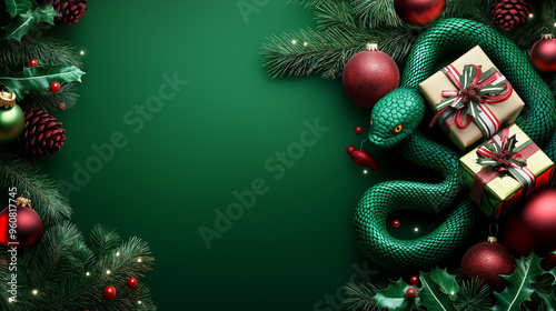 Green snake and Christmas decorations on green background, holiday theme, red gifts, pine branches, festive ornaments, creative composition, holiday wildlife, Christmas design photo