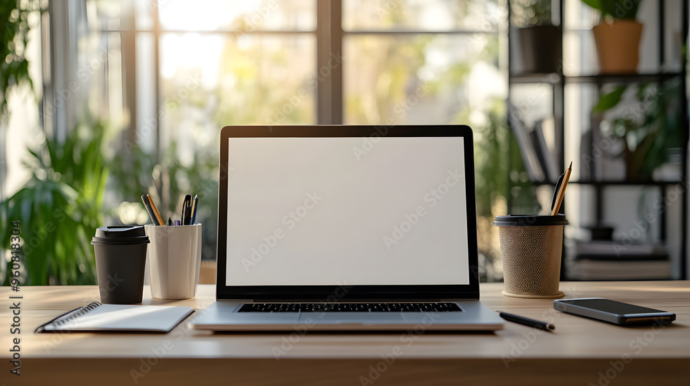 Modern office desk with a blank laptop screen, neatly arranged office supplies, and a coffee cup on a warm wooden desk. Modern office desk with a blank laptop screen, neatly arranged office supplies, and a coffee cup on a warm wooden desk.