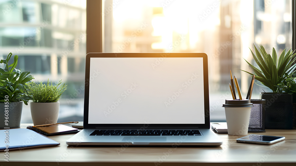 Office desktop with blank laptop screen, neatly arranged office tools on a wooden desk, illuminated by natural light. Office desktop with blank laptop screen, neatly arranged office tools on a wooden desk, illuminated by natural light.