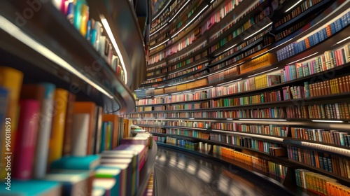 Modern library interior with curved bookshelves filled with colorful books and stylish lighting