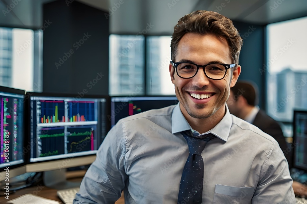 A smart businessman sits alone at his desk, studying financial trends on a monitor, with stock market numbers and trading charts glowing on the screen in a high-tech workspace. A smart businessman sits alone at his desk, studying financial trends on a monitor, with stock market numbers and trading charts glowing on the screen in a high-tech workspace.