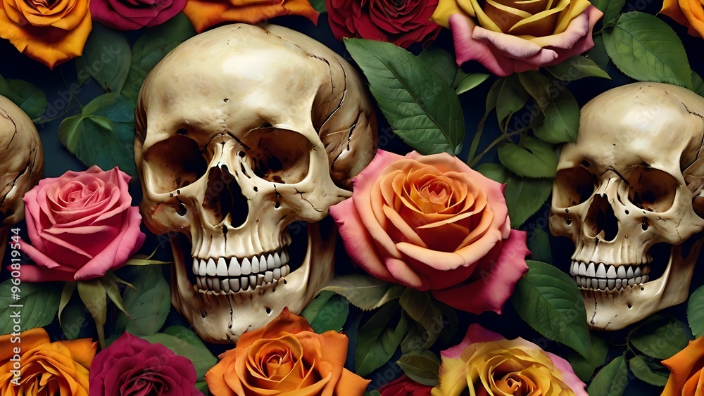 Human skulls with pink roses around, concept of death and love, cool graphical design Human skulls with pink roses around, concept of death and love, cool graphical design