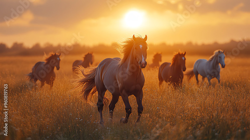 A group of majestic horses galloping through golden fields during a stunning sunset, showcasing the beauty of nature.