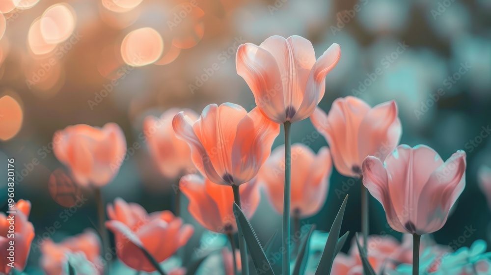 Fototapeta premium Soft light on coral pink tulips for floral poster.
