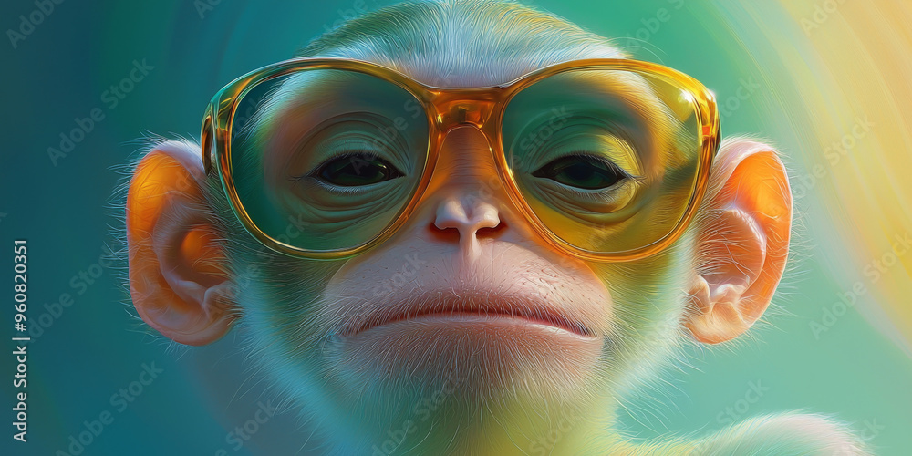 A close-up of a monkey wearing yellow sunglasses. A close-up of a monkey wearing yellow sunglasses.