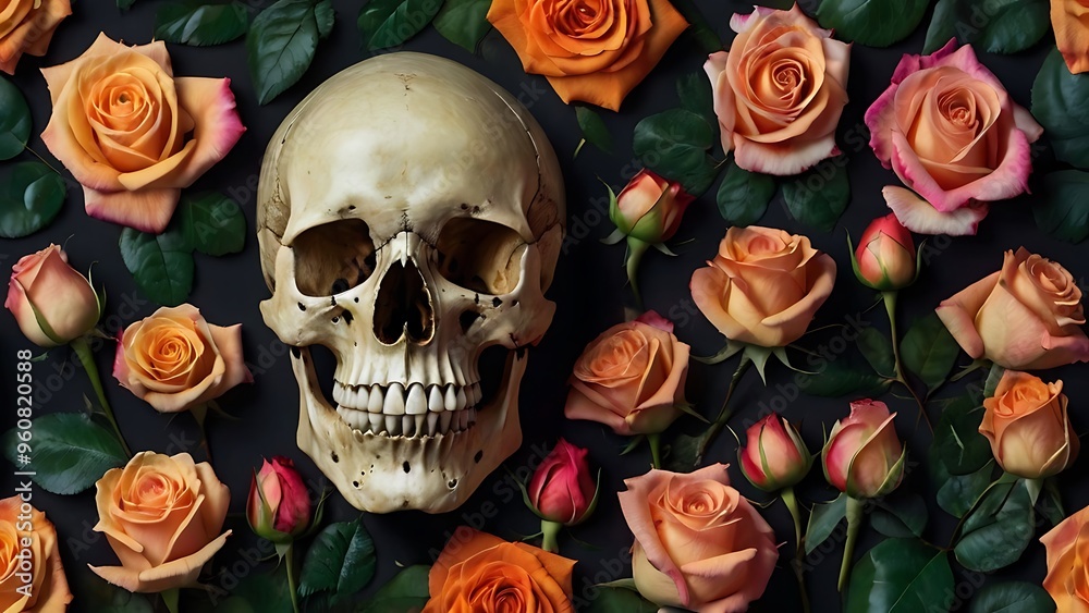 Human skulls with pink roses around, concept of death and love, cool graphical design Human skulls with pink roses around, concept of death and love, cool graphical design