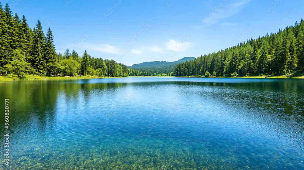 Naklejka premium A serene lake surrounded by lush green forests under a clear blue sky, perfect for relaxation and nature lovers.