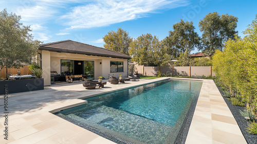 A serene outdoor oasis featuring a sparkling pool  modern architecture  and lush greenery  perfect for relaxation and leisure.