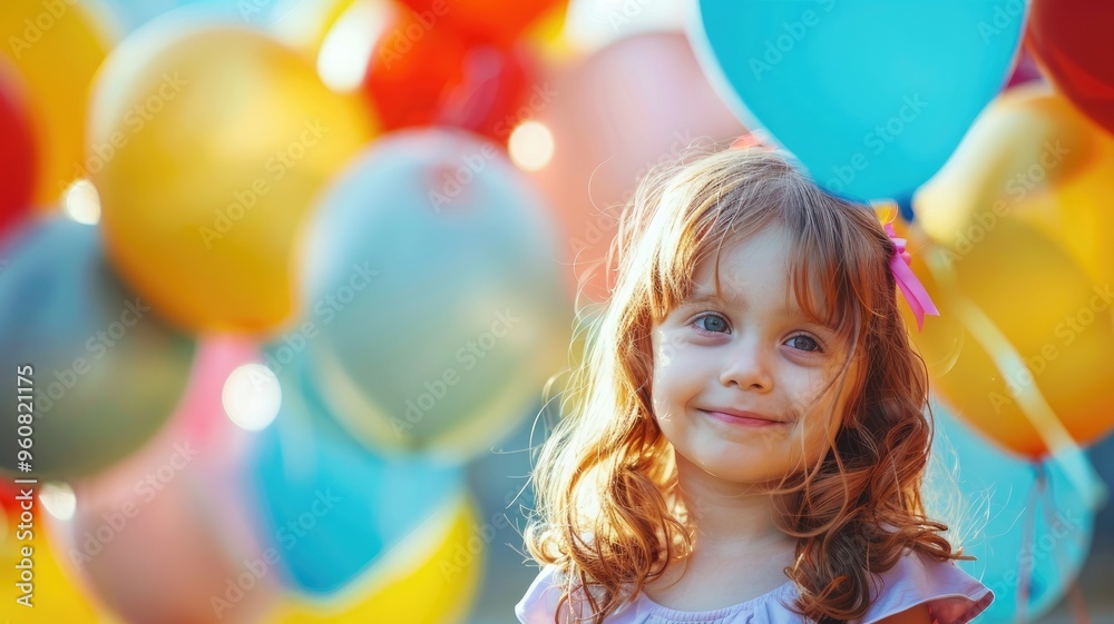 Obraz premium Young girl with smile surrounded by colorful balloons