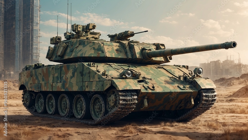 Modern military tank in urban setting, powerful and imposing machinery Modern military tank in urban setting, powerful and imposing machinery