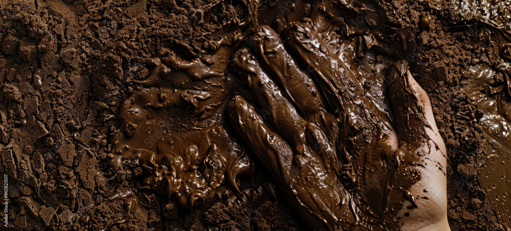 Hand covered in thick chocolate, close-up on dark surface Hand covered in thick chocolate, close-up on dark surface
