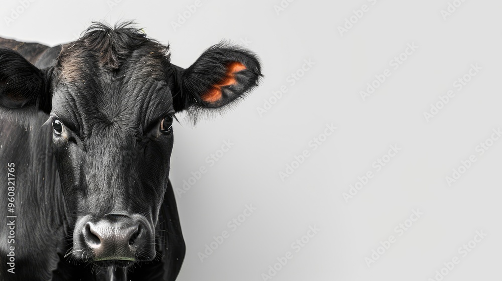 Close-up of black cow on light background, looking directly at camera Close-up of black cow on light background, looking directly at camera
