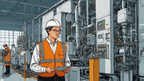 Engineer in modern factory setting with technical machinery