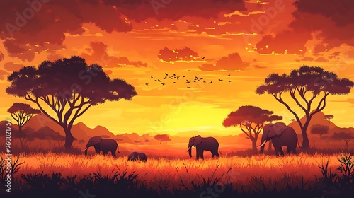 African Elephant Family at Sunset in Savanna Grassland