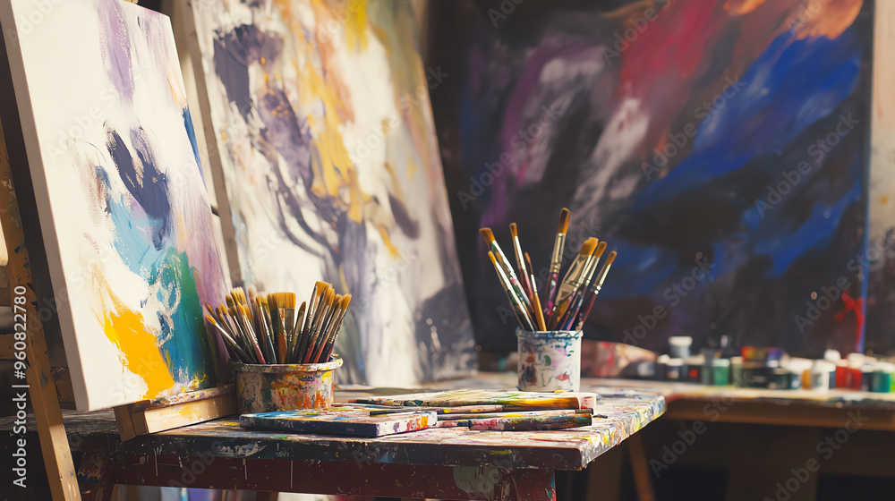 A vibrant artist's workspace filled with brushes, canvases, and colorful paints, capturing the essence of creativity and inspiration. A vibrant artist's workspace filled with brushes, canvases, and colorful paints, capturing the essence of creativity and inspiration.