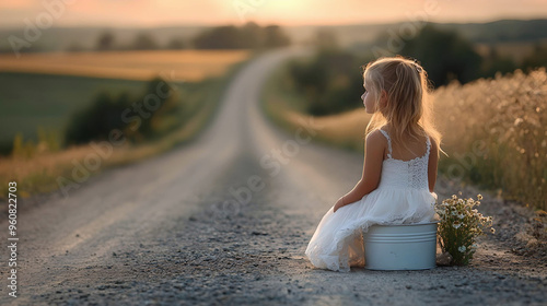 A little girl in a white dress sitting on a bucket on a rural road, surrounded by fields and flowers, during a warm sunset. 