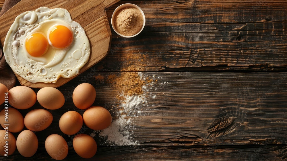 Two fried eggs in skillet beside raw on wooden surface with flour Two fried eggs in skillet beside raw on wooden surface with flour