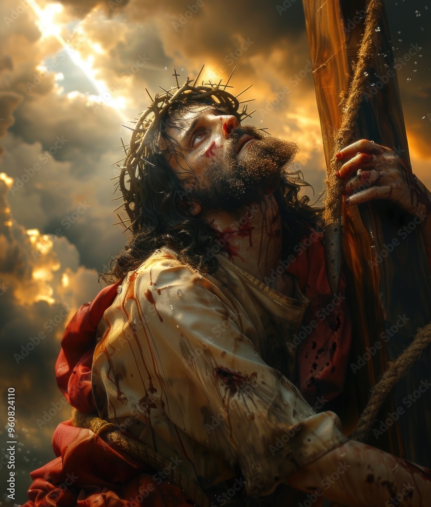 Sorrowful journey: Jesus Christ walking to Golgotha, bearing a heavy wooden cross on his shoulders, his face reflecting suffering and fatigue in this poignant religious depiction. Sorrowful journey: Jesus Christ walking to Golgotha, bearing a heavy wooden cross on his shoulders, his face reflecting suffering and fatigue in this poignant religious depiction.
