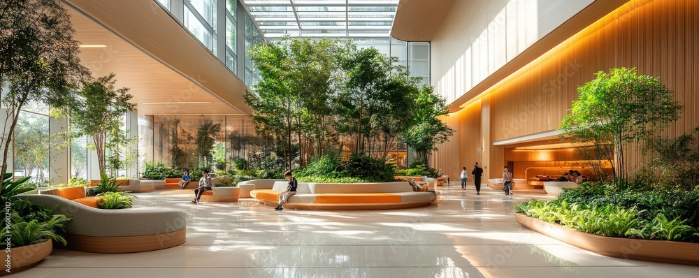 Fototapeta premium Modern building interior with plants and people.