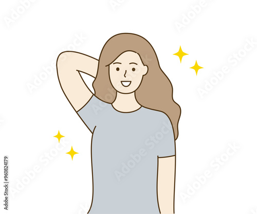 Young happy woman showing her clean dry armpit. Health, body odor, beauty, hygiene concepts. Hand drawn character vector design illustrations.