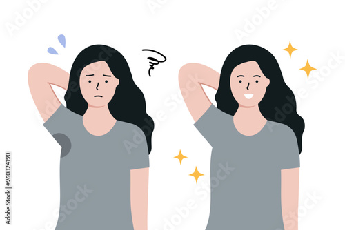 Set of woman worrying about underarm sweat stain problem, showing her clean dry armpit. Before and after. Health, body odor, beauty, hygiene concepts. Flat character vector design illustrations.