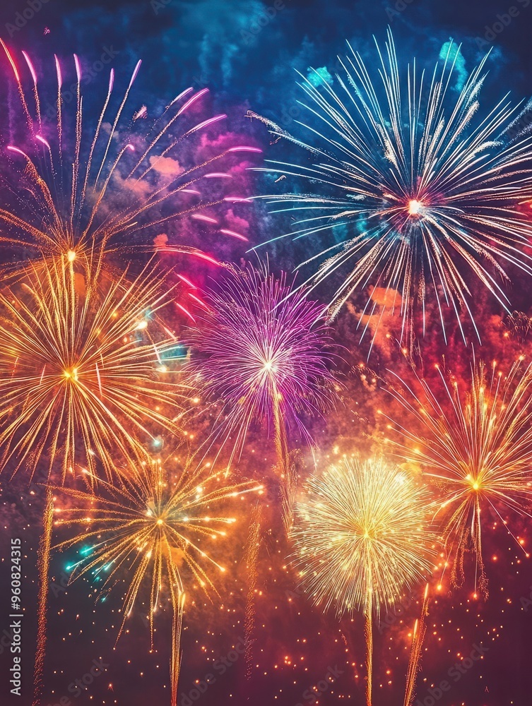 Naklejka premium A colorful Happy New Year card filled with bright fireworks lighting up the night sky, celebrating the arrival of the new year in a joyful and festive manner