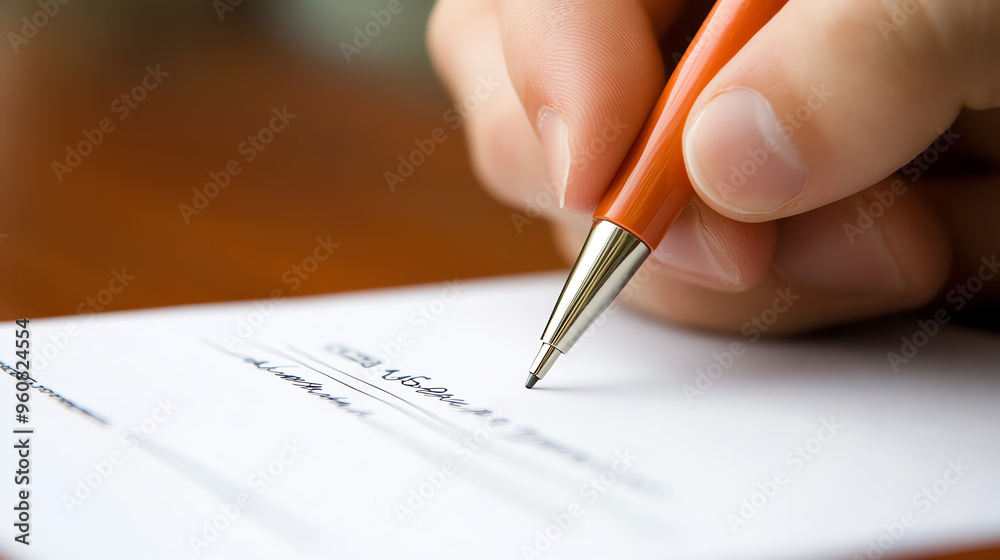 Close-up of a hand holding a pen, poised to write on a blank piece of paper, ideal for concepts of communication and creativity. Close-up of a hand holding a pen, poised to write on a blank piece of paper, ideal for concepts of communication and creativity.