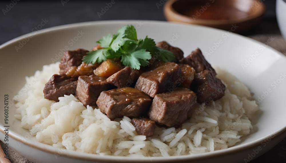 ginger beef with rice in a bowl ginger beef with rice in a bowl