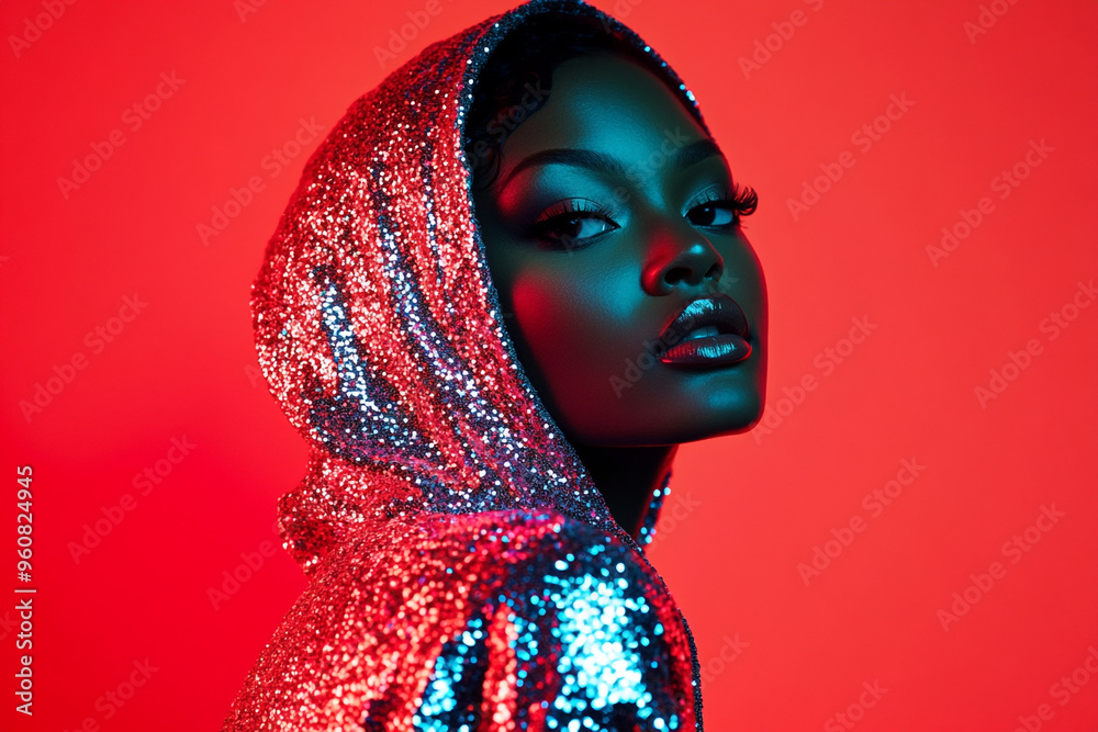 Fashion Lifestyle Portrait Woman in Sequined Hoodie with Solid Neon Coral Background, Stylish and Trendy Look Fashion Lifestyle Portrait Woman in Sequined Hoodie with Solid Neon Coral Background, Stylish and Trendy Look