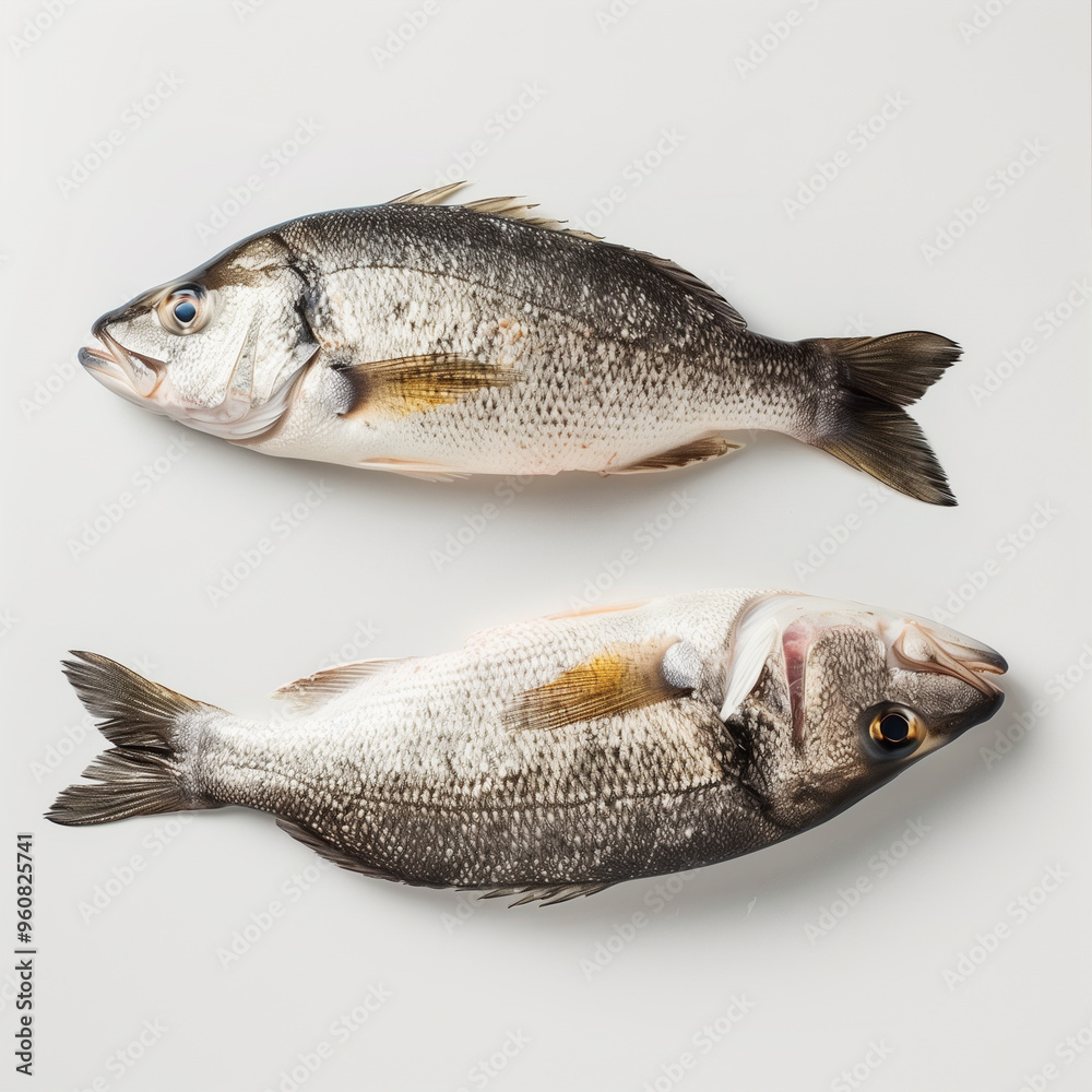 Sea Bass seafood, studio photography white background with soft lights. Sea Bass seafood, studio photography white background with soft lights.