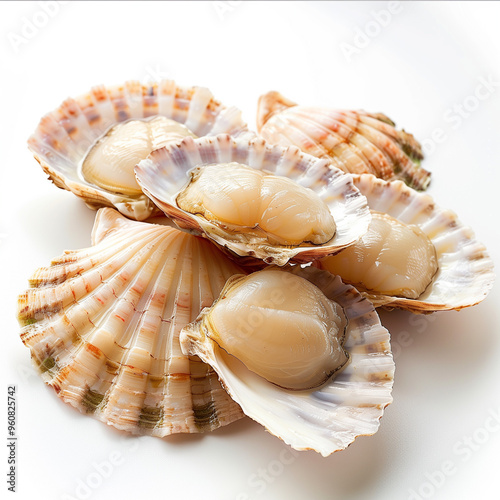 Scallops seafood, studio photography white background with soft lights.