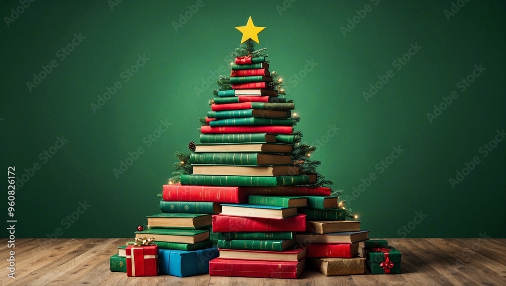 Christmas tree concept made from stacked books with a yellow star. Christmas tree concept made from stacked books with a yellow star.