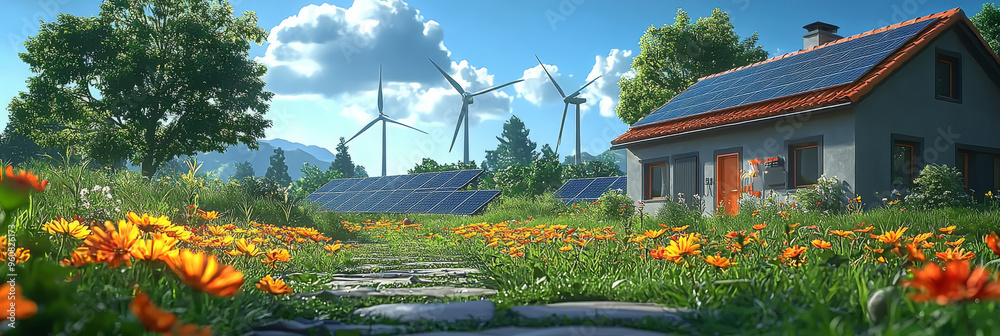 Fototapeta premium A small house with solar panels on the roof is surrounded by a field of wildflowers.