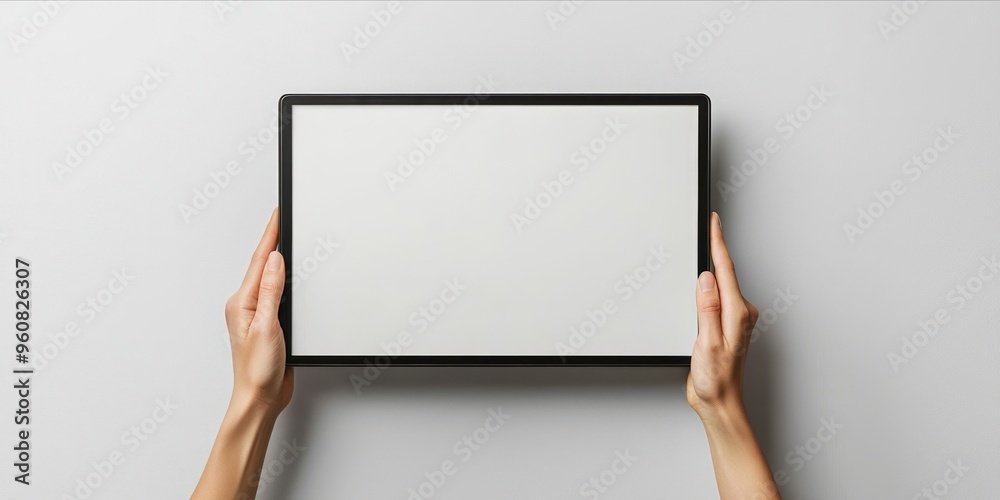 Person Holding Blank Tablet Against Minimalist Background Person Holding Blank Tablet Against Minimalist Background