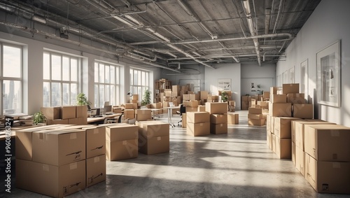 Spacious office interior filled with cardboard boxes and furniture