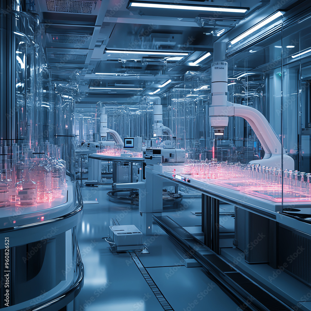 Obraz premium Futuristic laboratory with robotic arms and high-tech equipment for research and experimentation under vibrant lighting.